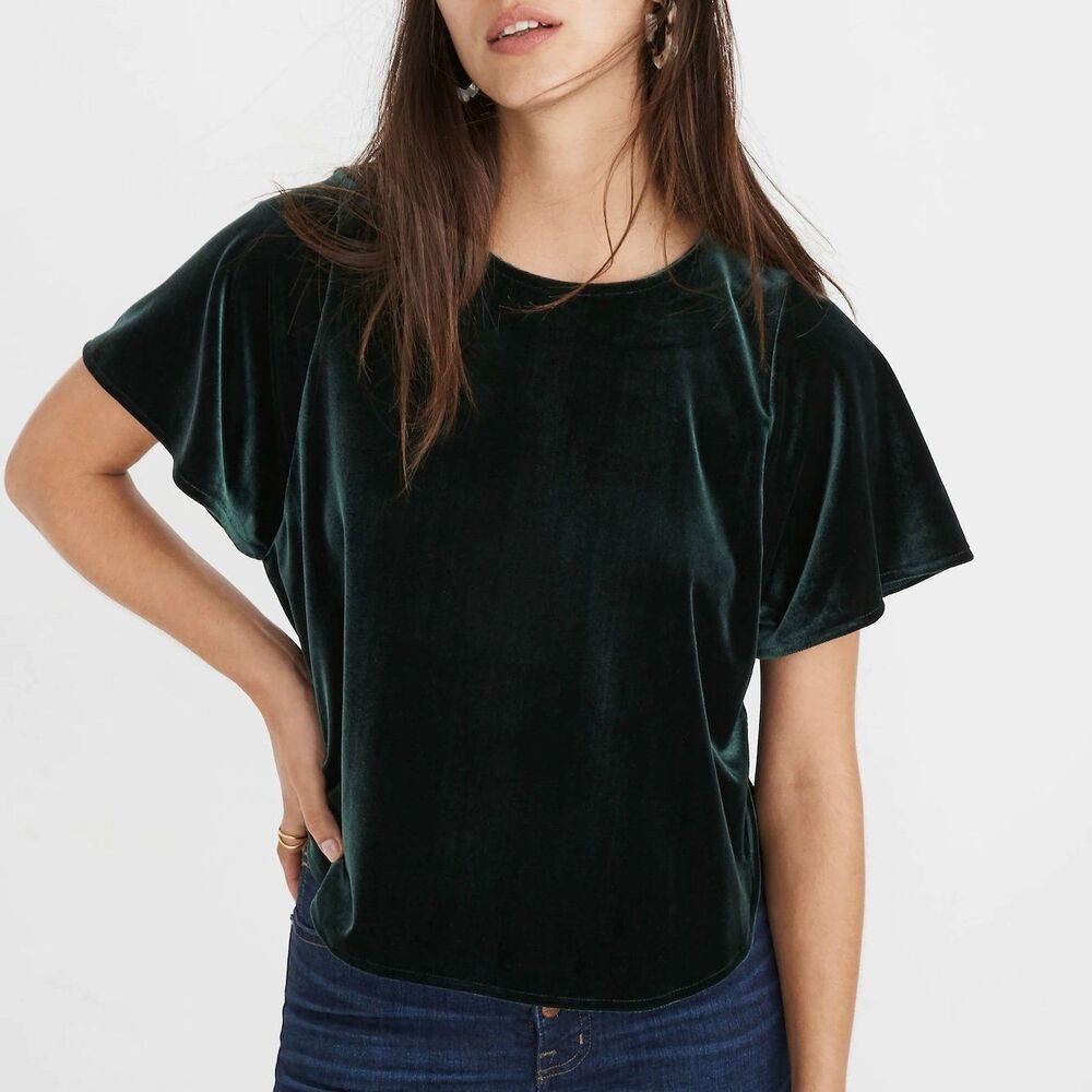 Madewell Velvet Butterfly Top Size XL Smoky Spruce Green Flowy Blouse Shirt
